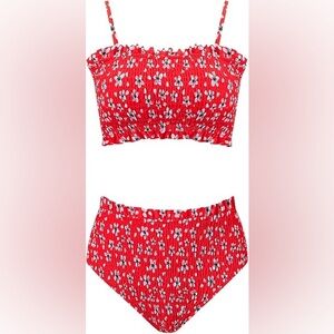 VOLAFA High Waisted Swimsuit Bandeau Ruffled Smocked Ruched 2 Pc Bikini Set.